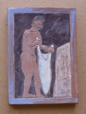 Sam Thurston Ceramics: male nude low reliefs, 2000-02 glazed clay