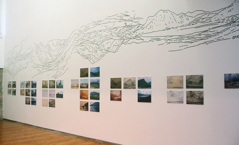 Sarah Iremonger Upside-down Mountains 2003 Wall painting, photographs, reproduction prints