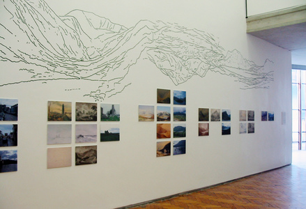 Sarah Iremonger Upside-down Mountains 2003 Wall painting, photographs, reproduction prints