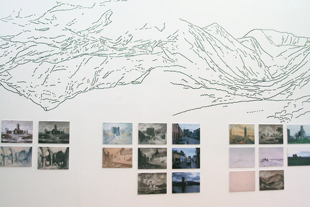 Sarah Iremonger Upside-down Mountains 2003 Wall painting, photographs, reproduction prints