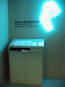 Sarah Iremonger Top Half of the Hero 2002 Office furniture, neon tubing, information and response zone