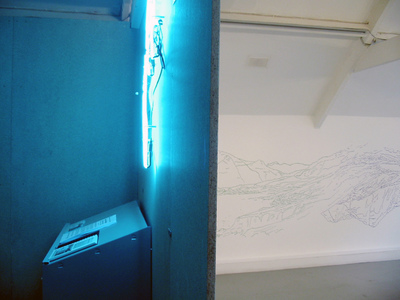 Sarah Iremonger Top Half of the Hero 2002 Office furniture, neon tubing, coloured chalk, chipboard wall, emulsion paint