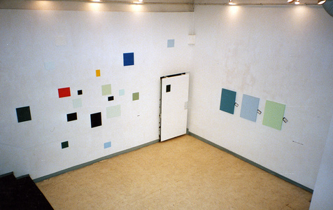 Sarah Iremonger from effect to ideology and back again 2000 Left household paint, car spray paint, acrylic paint on various boards, left felt, stretcher, household paint on canvas, business cards, identity tags