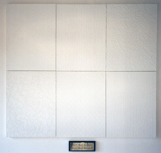 Sarah Iremonger from effect to ideology and back again 2000 Super fresco embossed wallpapers, stretchers, acrylic paint, brass and mahogany plaque