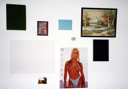 Sarah Iremonger Nothing & The Quandary of Painting 1998-2003 Found painting, poster, postcards, fridge magnet, astro turf, photograph frame, wood-chip wall paper, stretchers, household paint, acrylic paint, mdf boards