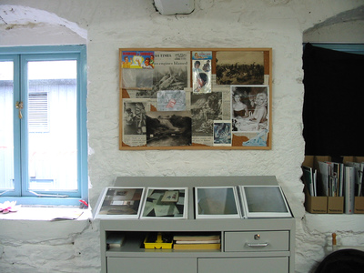 Sarah Iremonger A Secret Archeology 2005 Installation of postcards, notes, paintings, drawings, found photographs, prints, display case and notice board