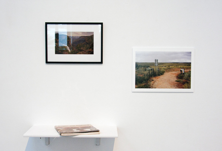 Sarah Iremonger The Travels of Eugen von Guérard 2011-12 Framed photographic image of a painting, catalogue, shelf, photograph printed on hahnemuhle photographic paper