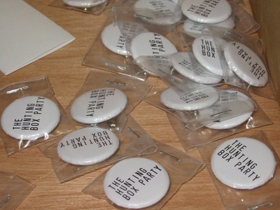 Sarah Iremonger The Hunting Box Party 2003-21 Text printed as badges, plastic bags
