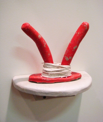 Sarah McDougald Kohn 2007 Air-dry clay, paint, acrylic medium, wood & string