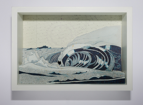 SCOTT KELLEY  THE SHIPPING FORECAST Ink on paper, mounted to wood, with map, glass and artists vitrine