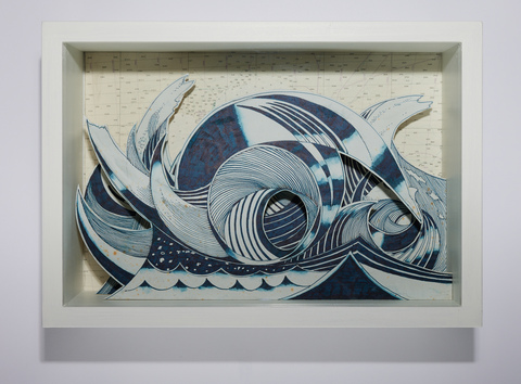 SCOTT KELLEY  THE SHIPPING FORECAST Ink on paper, mounted to wood, with map, glass and artists vitrine