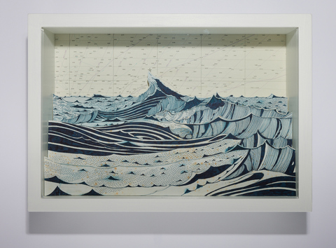 SCOTT KELLEY  THE SHIPPING FORECAST Ink on paper, mounted to wood, with map, glass and artists vitrine