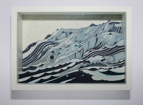 SCOTT KELLEY  THE SHIPPING FORECAST Ink on paper, mounted to wood, with map, glass and artists vitrine