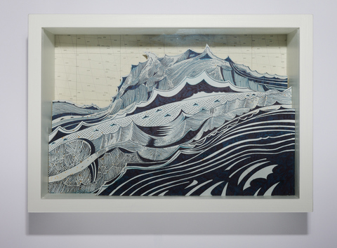 SCOTT KELLEY  THE SHIPPING FORECAST Ink on paper, mounted to wood, with map, glass and artists vitrine