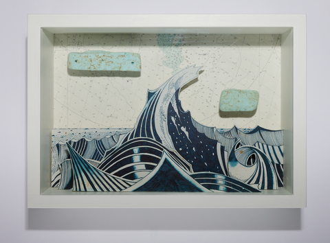 SCOTT KELLEY  THE SHIPPING FORECAST Ink on paper, mounted to wood, with map, styrofoam, glass and artists vitrine