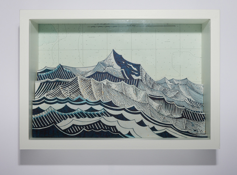 SCOTT KELLEY  THE SHIPPING FORECAST Ink on paper, mounted to wood, with map, glass and artists vitrine