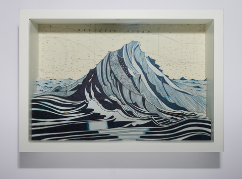 SCOTT KELLEY  THE SHIPPING FORECAST Ink on paper, mounted to wood, with map, glass and artists vitrine
