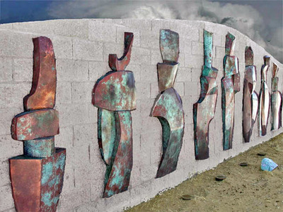 Shawn Turung                            multi media fine art  Public Art Collection copper sculptures adhered to a cinder block wall.