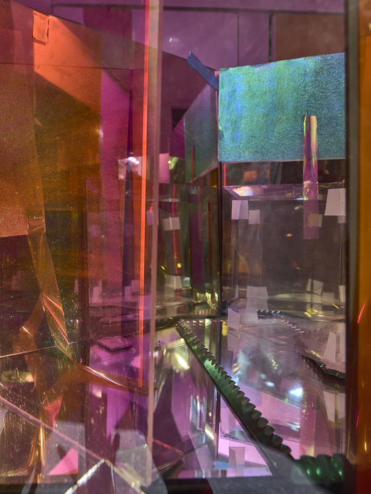  "Within Without in a window" 2021, site-specific installation, Art in Buildings specific installation in vacant NYC storefront window with glass window panes, mylar film, acetate, scotch tape, mirrors, iridescent tape and papers, plexi glass panels