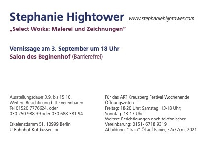  Select Works: Beginenhofs Galerie Berlin, Vernissage Sep 3, 6pm, ARTKreuzberg Wochenende, Sep 15-17 