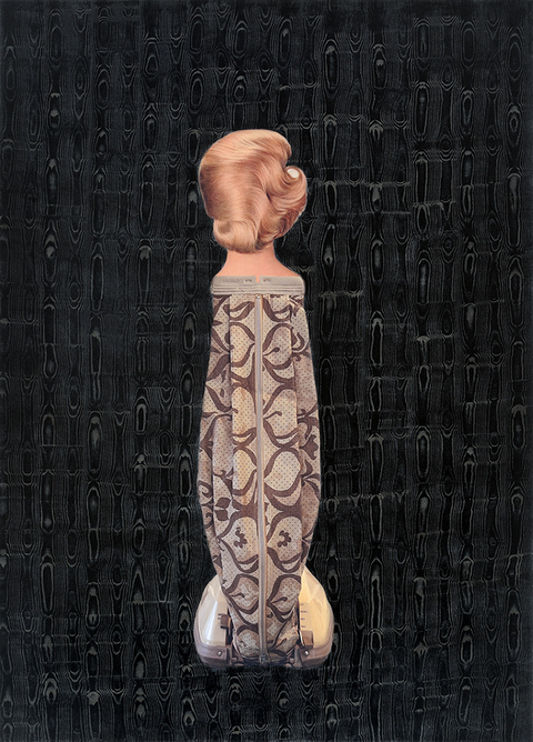 S U S A N   R .   J O H N S O N Hall of Portraits from The History of Machines (medium-scale works) Acrylic painting over artist's original print image on canvas with use of DIY wood graining tool