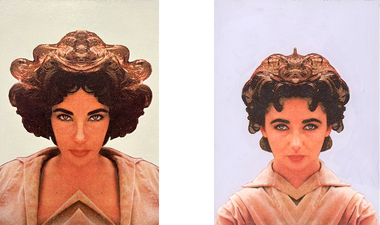 S U S A N   R .   J O H N S O N Symmetrical Bodies: Les Célèbres, The Curiouser, and The Headless Woman Acrylic and wax painting with image transfer on paper mounted on wood panel