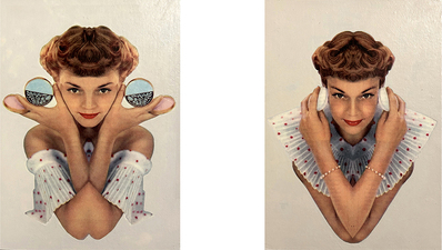 S U S A N   R .   J O H N S O N Symmetrical Bodies: Les Célèbres, The Curiouser, and The Headless Woman Acrylic and wax painting with image transfer on paper mounted on wood panel