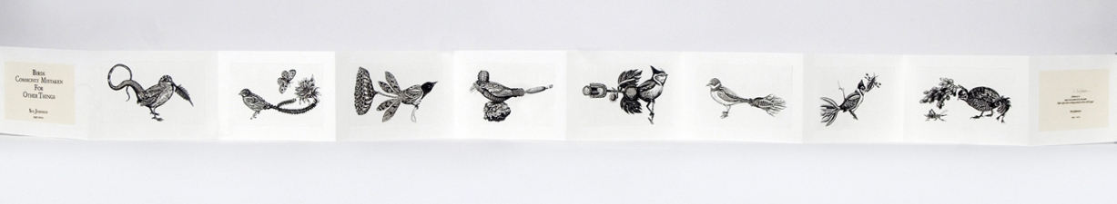 S U E   J O H N S O N Birds Commonly Mistaken for Other Things Intaglio prints, inkjet, chine colle in an accordion book
