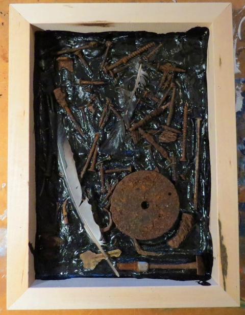 Rachael's Tar Pit Assemblages 2006-2013 Tar, feathers, rust, metal & wood frame