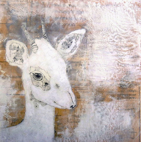 susan freedman horns and feathers encaustic