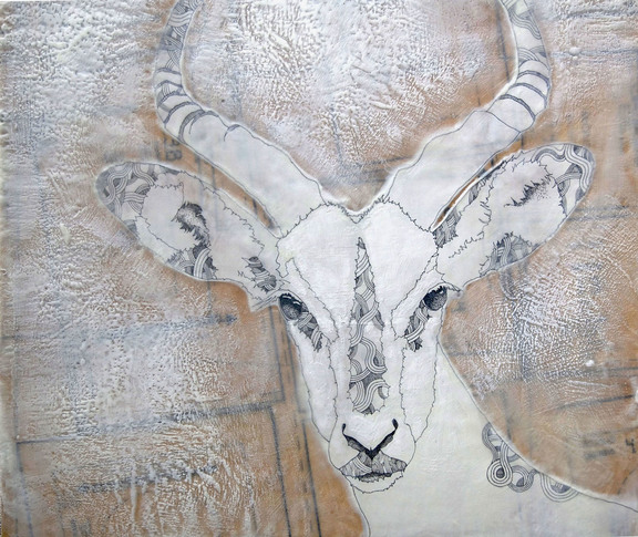 susan freedman horns and feathers encaustic