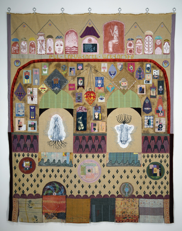 talin megherian Tel • Arevordik linen; acorn and walnut ink; gesso; liquid watercolor; Sashiko thread; various pieces of dyed, found, and vintage fabric, including Kantha from India