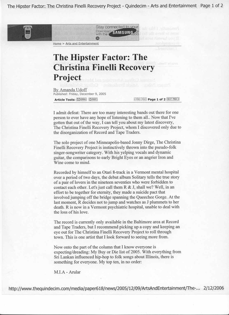 The Christina Finelli Recovery Project The Hipster Factor 2005 