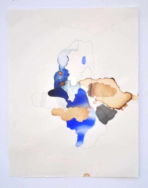 Blue collage Drawings Coffee, ink, pigment on Rives BFk paper