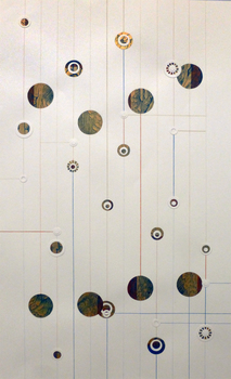 Tina Seligman Solar Lunar Suite for flute, harp, piano & eye Monotypes: block ink on metal leaf Chinese paper joss, prismacolor pencil, Canson vanilla edition rag