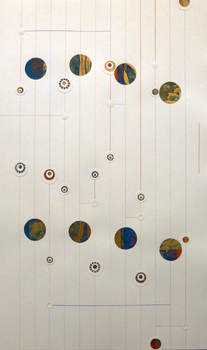 Tina Seligman Solar Lunar Suite for flute, harp, piano & eye Monotypes: block ink on metal leaf Chinese paper joss, prismacolor pencil, Canson vanilla edition rag