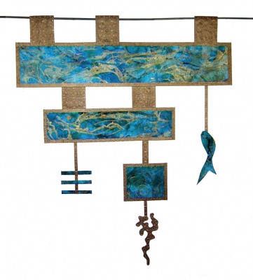 Tina Seligman Wind and Water collage, silk brocade, bamboo