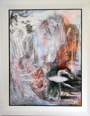 Tina Seligman Movement acrylic, graphite, charcoal, sheet music, wood, toile, tulle, lace on canvas