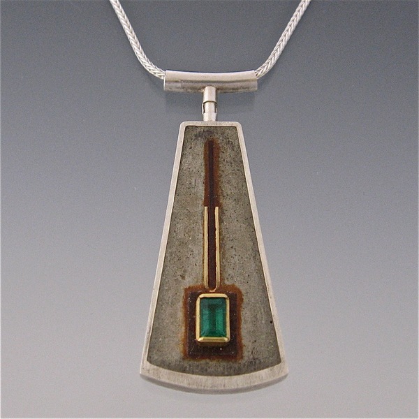 Tom McCarthy Jewelry Concrete Sterling, concrete, steel,  22K & 18k gold, emerald and rust.