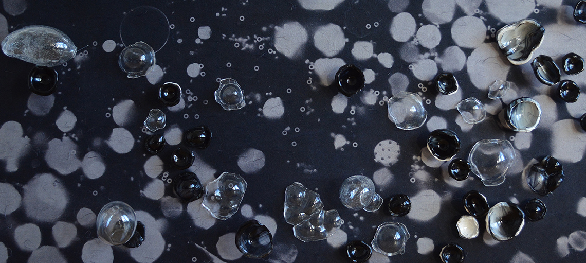 Tomoko Amaki Abe Wall work blown and slump glass, ceramics, cyanotype print