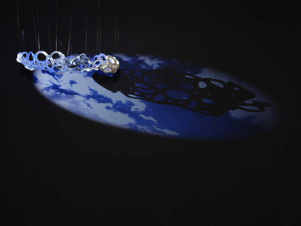 Tomoko Amaki Abe Installation Kiln cast glass, Cyanotype on Porcelain, Wool, Film projection