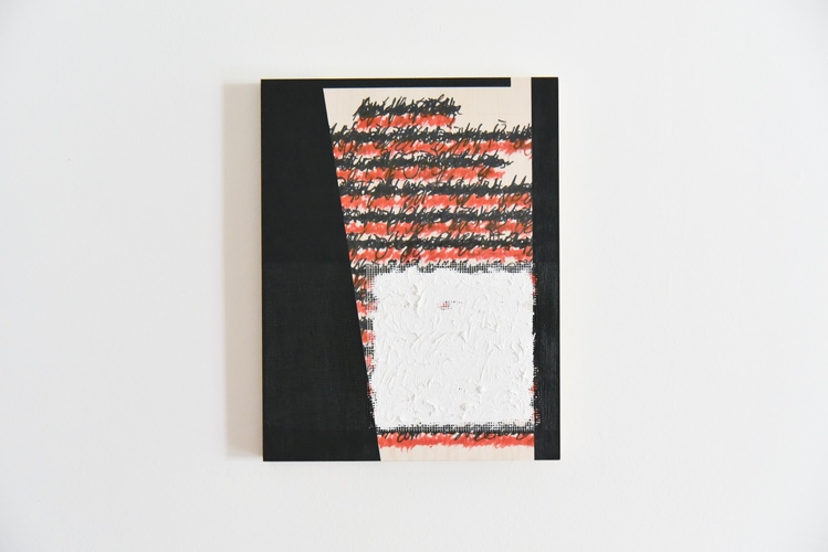 Tongji Philip Qian recent works Graphite, pigment marker, acrylic, oil stick, and drywall tape on wooden panel