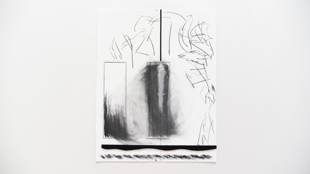 Tongji Philip Qian Bracing Graphite, spackle, tape, and velcro on paper