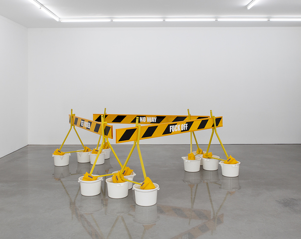 TONY SCHWENSEN Historical Revisionism Or: How I Learnt to Stop Worrying & Embrace Australian Values 2015 Sarah Cottier Gallery, Sydney, Australia Road Barriers, Buckets, Floaties, Water