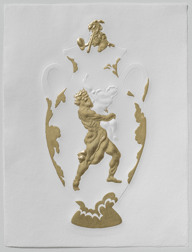 Tricia Wright Dieu Donné Projects Handmade cotton paper embossed with custom-made 3D form, gold leaf