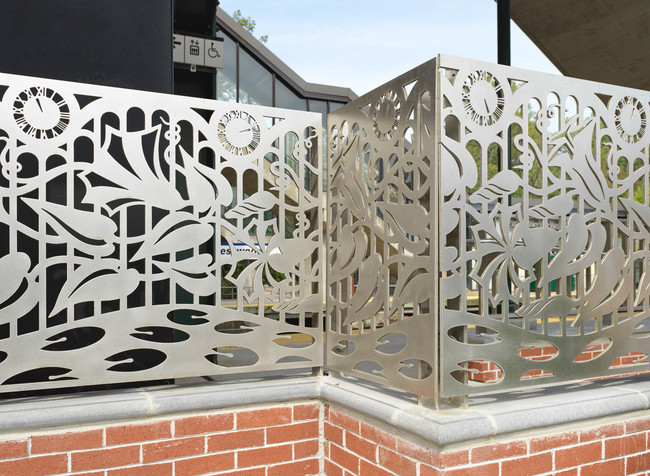Tricia Wright Public Art Water jet cut stainless steel, 3/8" thick, non-directional finish, fabricated in 14 panels