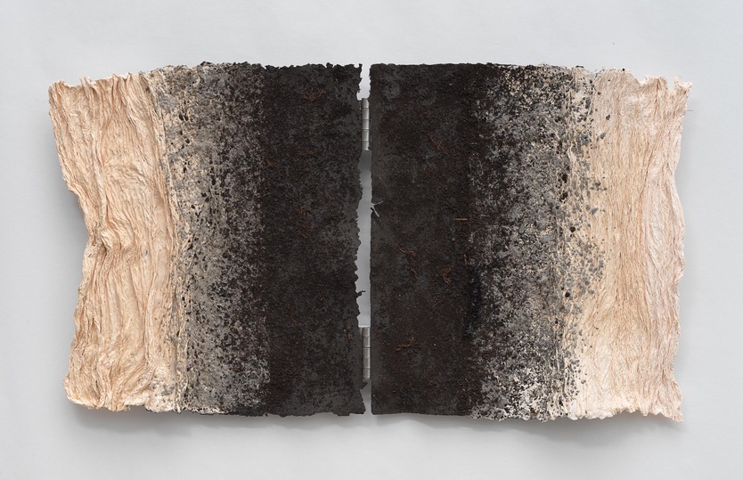 Tricia Wright Dieu Donné Projects Handmade pigmented cotton and abaca paper, crushed peat, steel hinges