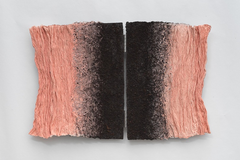 Tricia Wright Dieu Donné Projects 2019 Handmade pigmented cotton and abaca paper, crushed peat, steel hinges