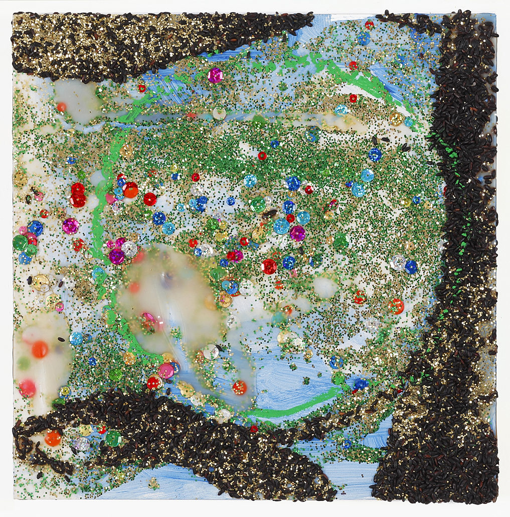 Victor Davson Early Works Acrylic, glitter, sequins and black rice on MDF panel