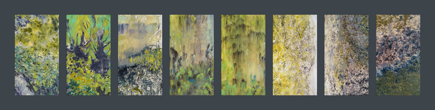 Waterfalls Book, No. 5 Waterfalls, Book Five Images made 2012. Materials and process: ink monotype on Yupo synthetic paper, 11x6” each. Sequenced and bound 2017 on Khadi handmade paper, approximately 15x8 x1” when closed, 15x17” when open.